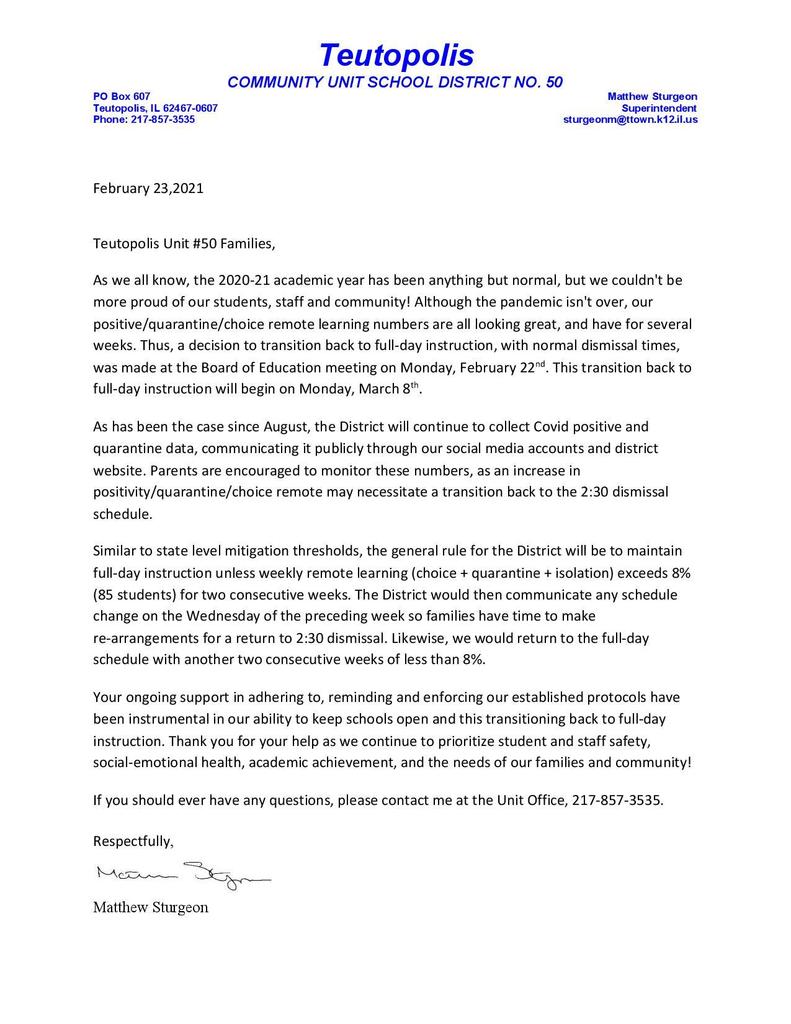 Return to Full-Day Letter