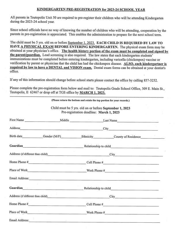 20232024 Kindergarten PreRegistration Teutopolis Grade School